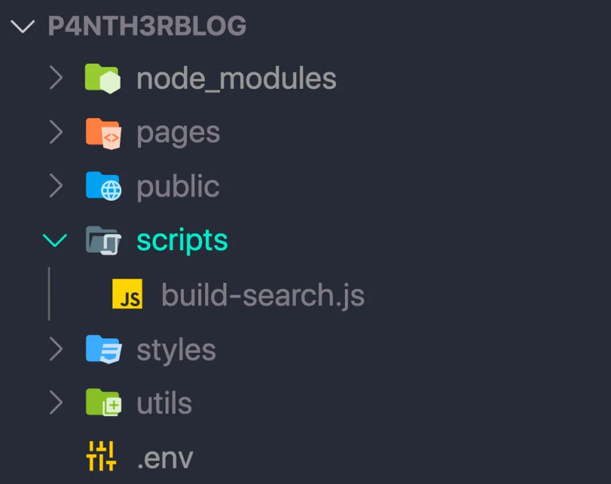 A screenshot of the file explorer in VSCode showing a scripts directory and a file named "build-search.js" inside it.