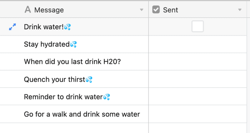 Airtable table with columns, messages, sent bool