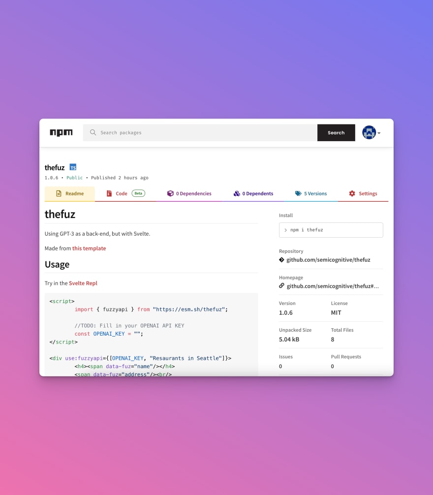 NPM Package screenshot