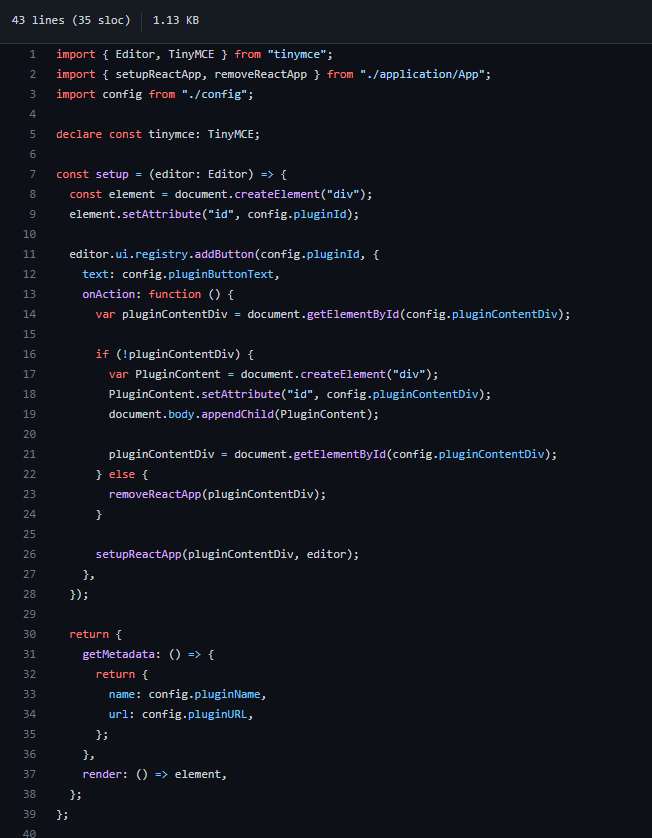 [https://github.com/henriqueweiand/tinyMCE-plugin-react-typescript/blob/master/src/Plugin.ts](https://github.com/henriqueweiand/tinyMCE-plugin-react-typescript/blob/master/src/Plugin.ts)