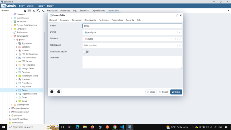 Create a new table named blogs