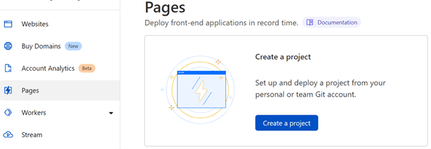 Creating a new project in CloudFlare