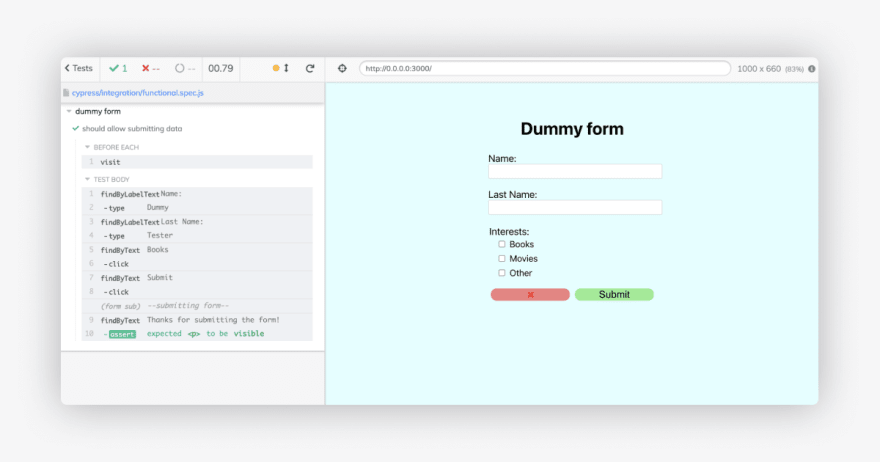 Cypress Test Runner with passing test after introducing queries from Testing Library