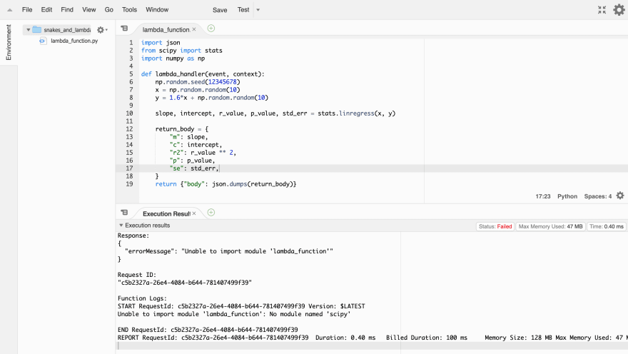 aws console lambda editor with an error<br>
message