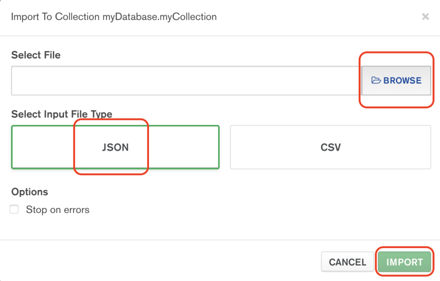 import json mongodb compass