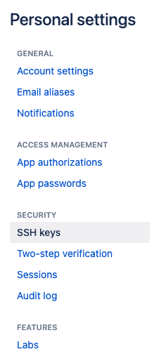 SSH keys from personal settings list