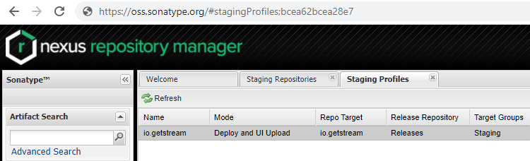 The Sonatype staging profiles screen and the staging profile ID shown in the URL