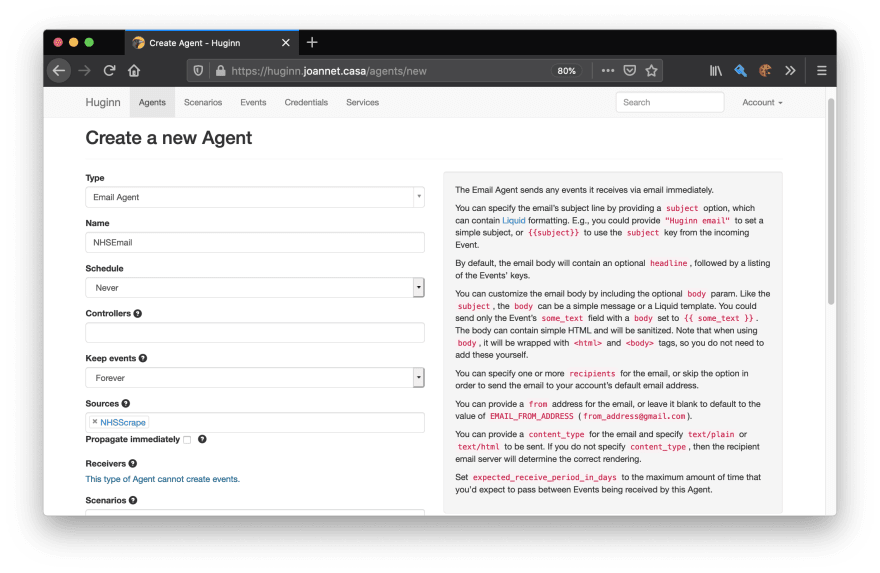 The completed form to create a new email agent will the fields populated as specified previously