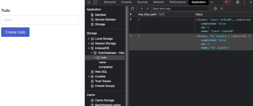 IndexedDB using dexie js in developer tools