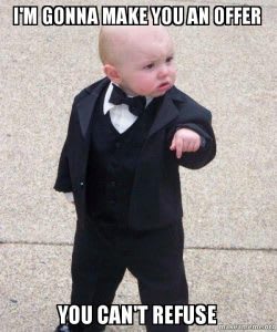 child in a tuxedo captioned "I'm going to make him an offer he can't refuse"