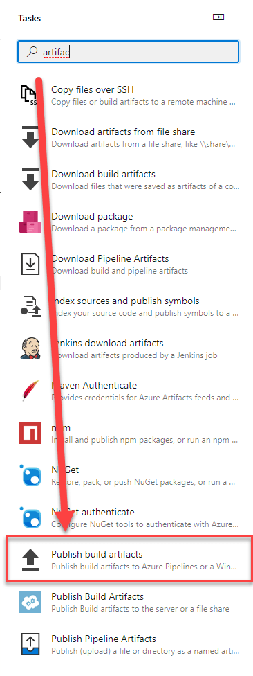 Highlight the Publish build artifacts task in the task list