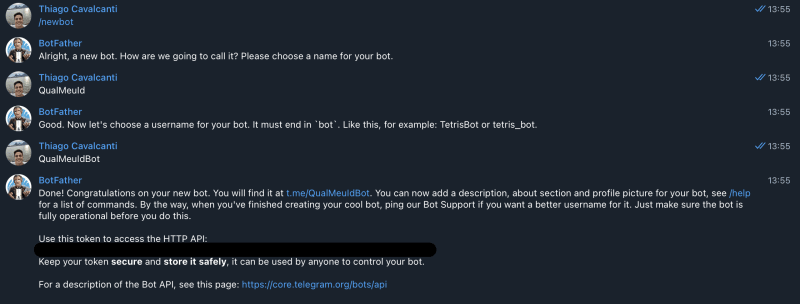 Fluxo de conversa no telegram para criação de um Bot