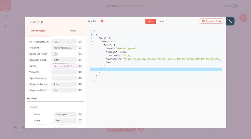 Output from the GraphQL node
