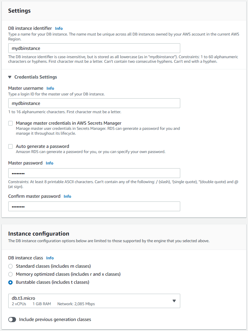 DB instance attributes