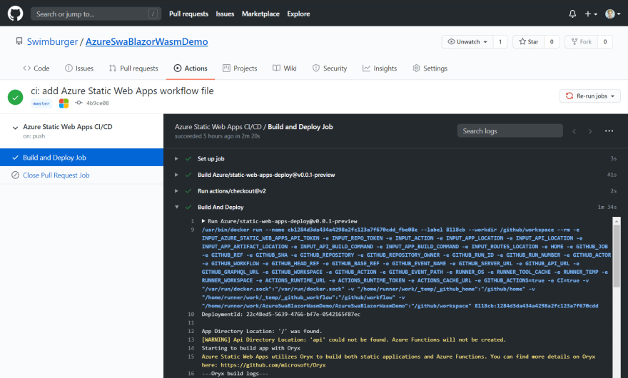 Screenshot of Azure Static Web App GitHub Action logs