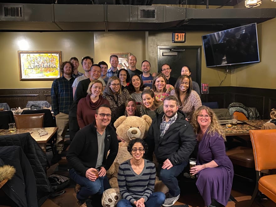 A group picture of the Expedia A2 team hours after our office closed, at a local bar.