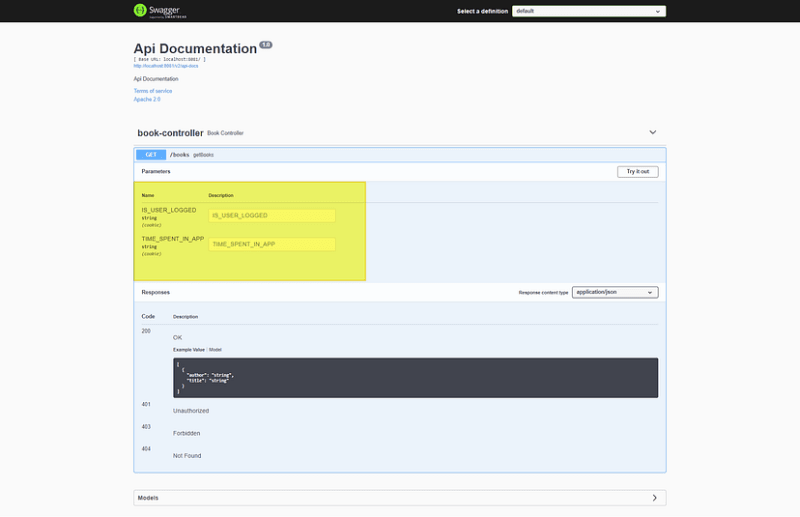Swagger UI displaying the cookie parameters wrote in Docket and applied to all controllers of the project