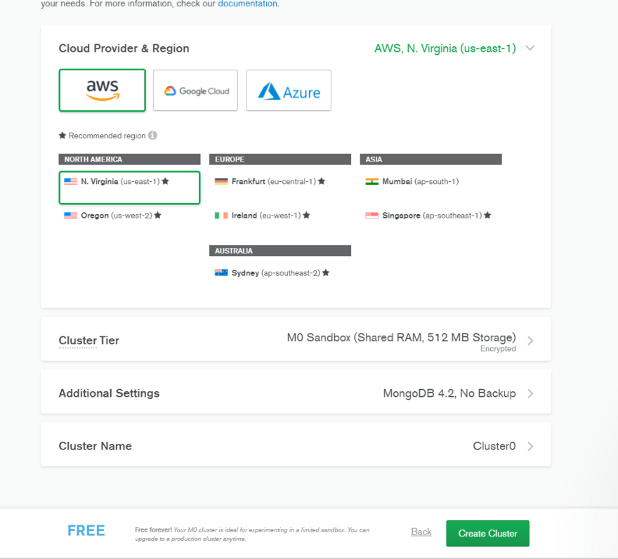 MongoDB cloud region page