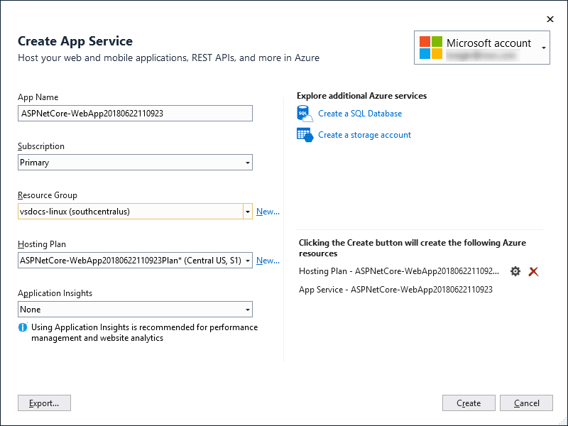 Create App Service Dialog