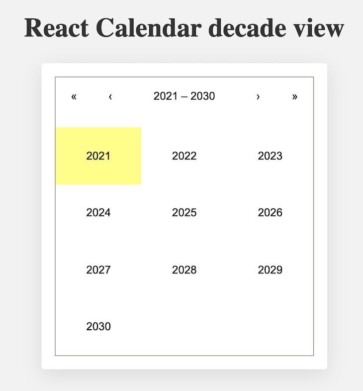 Calendar Showing Years 2021 through 2030