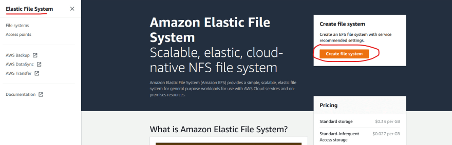 Creating AWS EFS File System via console, image 1