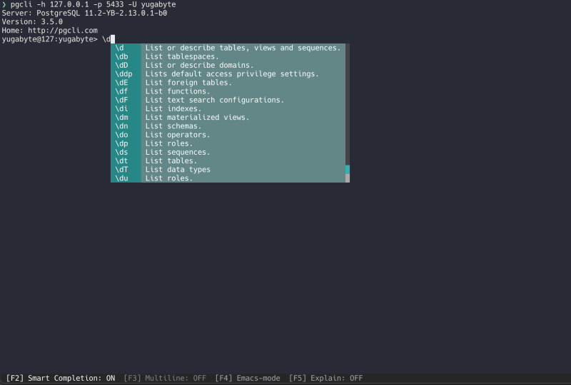 Screenshot showing PGCLI in action using YugabyteDB