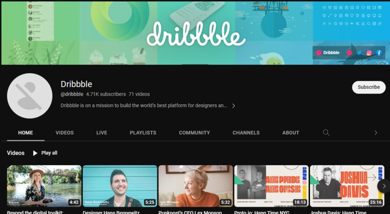 Dribbble also has a YouTube channel where you can watch videos on various topics related to UI/UX design. Dribbble features videos on design trends, tips, challenges, and showcases.<br> 