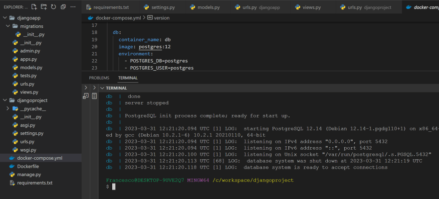 Docker compose logs command output