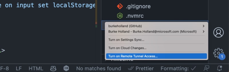 A screenshot of the "Enable Remote Tunnels" option in VS Code