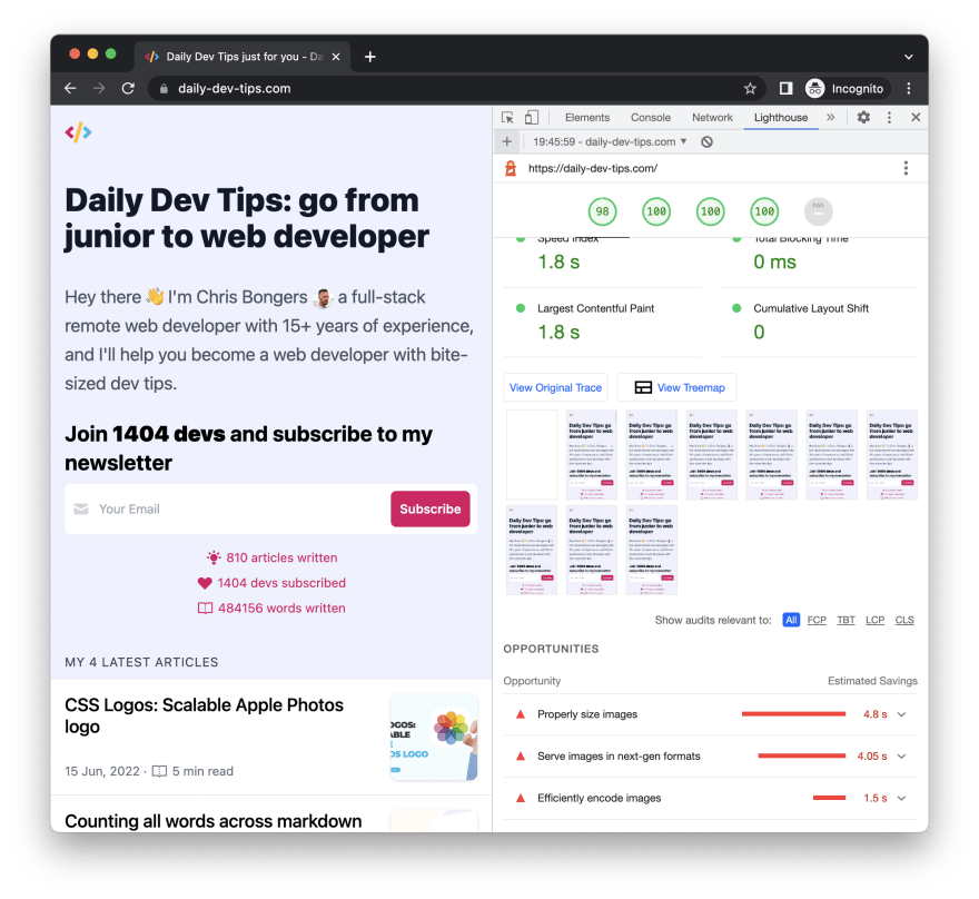 Mobile lighthouse report for daily-dev-tips.com scoring 98 points