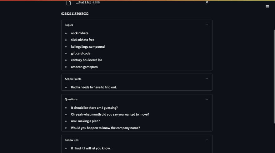 Symbl.ai analysis results