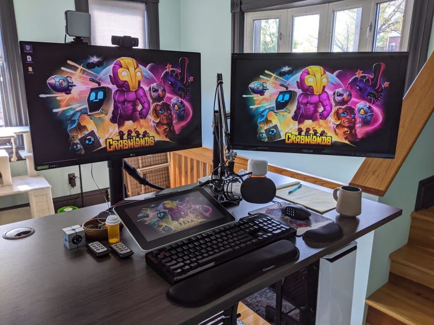 My multi-display desktop setup, with an ergonomically solid main display.