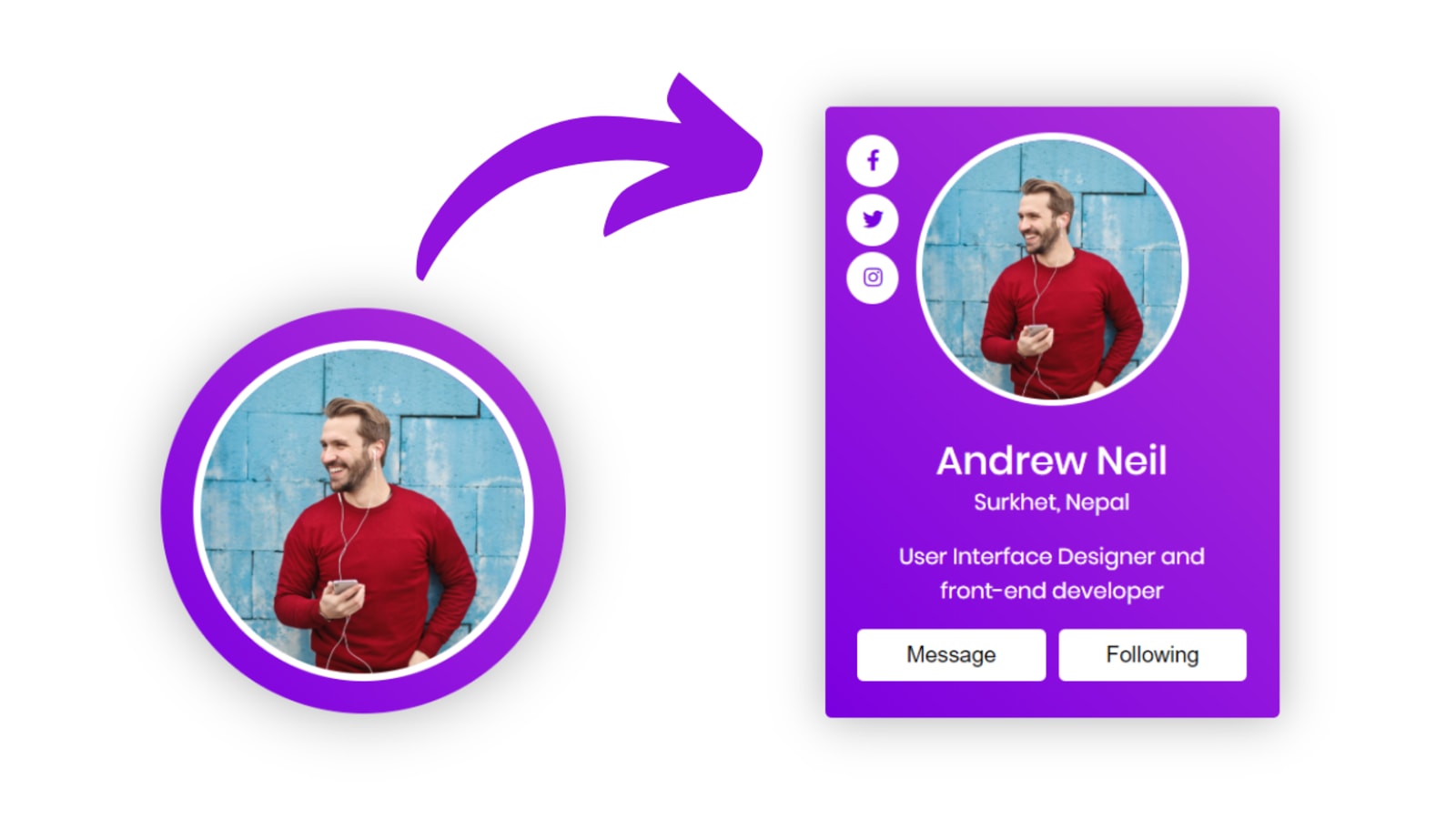 animated profile card ui design with hover animation in html