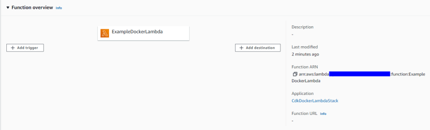Lambda console showing new function