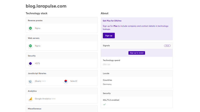 Wappalyzer tech stack preview for larapulse blog
