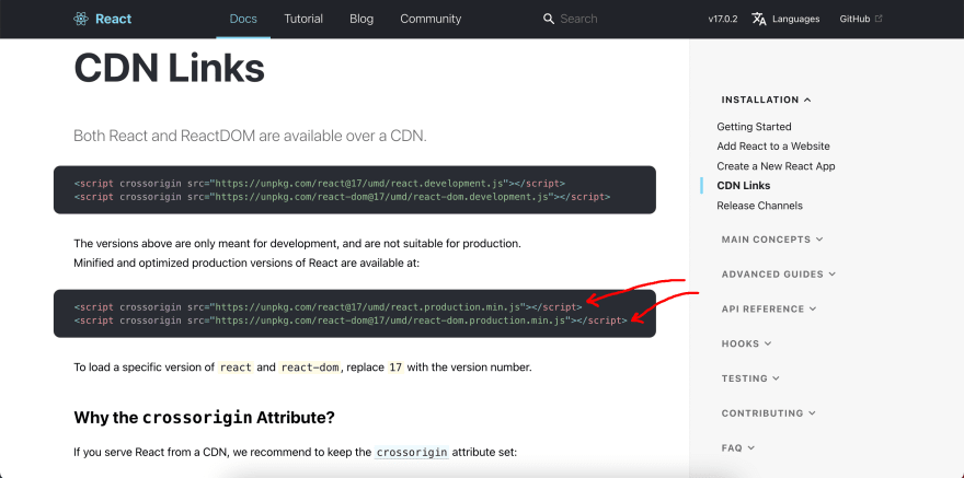 Showing CDNs on react's docs