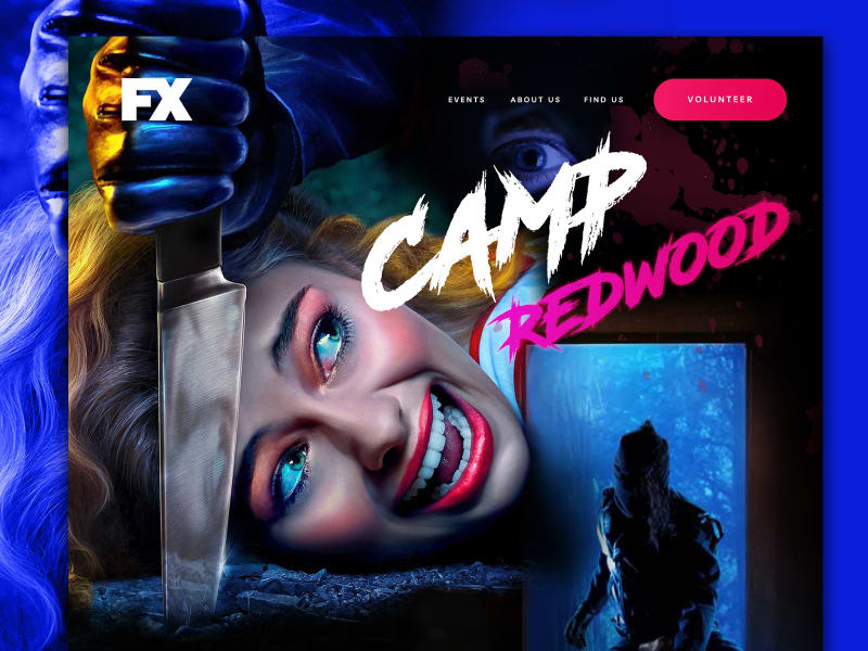 image from tv show stylized in 80s horror theme, campy! Bright neons with a woman and a knife on the head