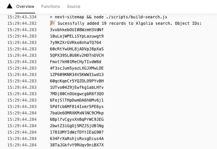 A screenshot of the output of build-search.js in the Vercel logs output UI.