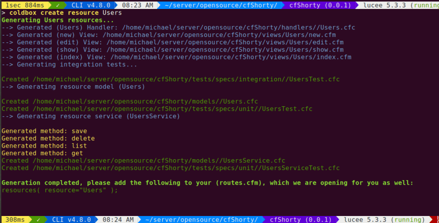Running "coldbox create resource Users" inside the commandbox shell to build handlers, views, models and test files