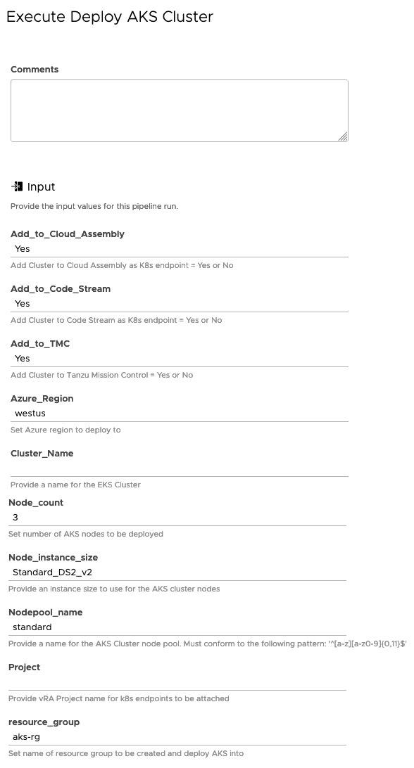 vRA AKS TMC - Code Stream - Run Pipeline - Provide Inputs