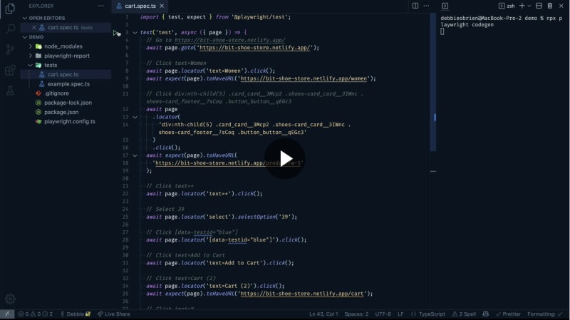 Video showing tests running in vs code