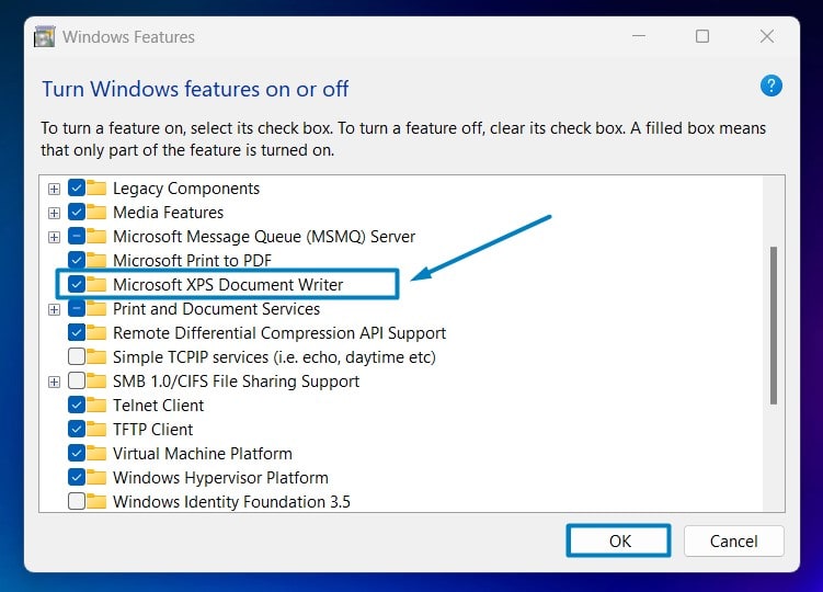 Enable Microsoft XPS Document Writer in Windows 11