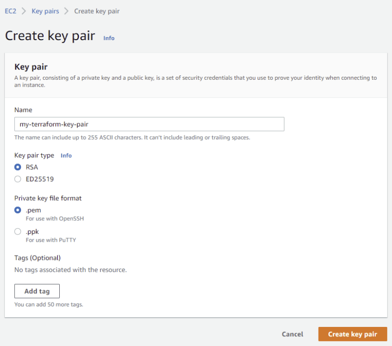 Creating a new key pair on AWS