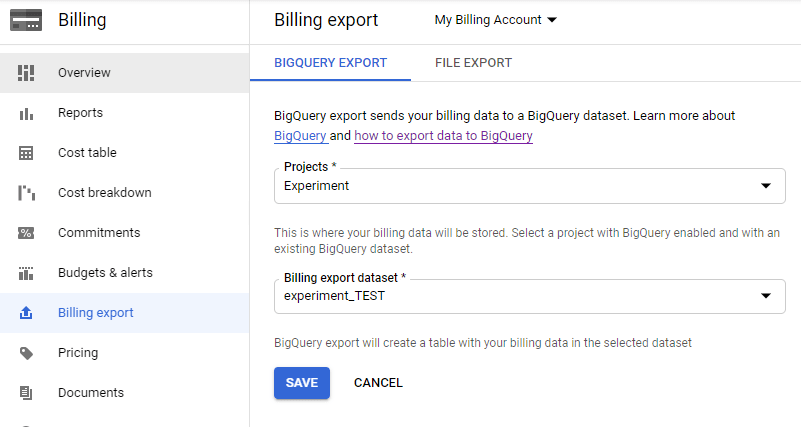 Billing BigQuery Export Settings Form with fields for project and billing dataset