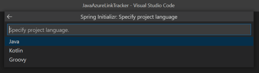 Setting project language to Java in VS Code.