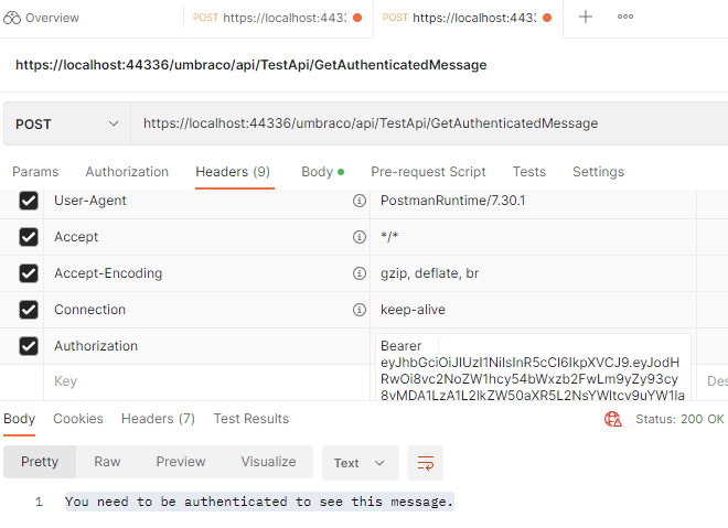 Example of the request in Postman, which adds the Bearer token and shows the expected success response