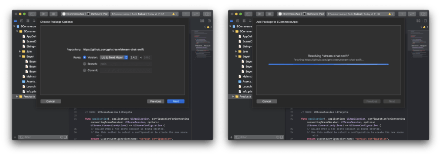 Screenshot shows an Xcode screen selecting a dependency version and an Xcode screen downloading that dependency