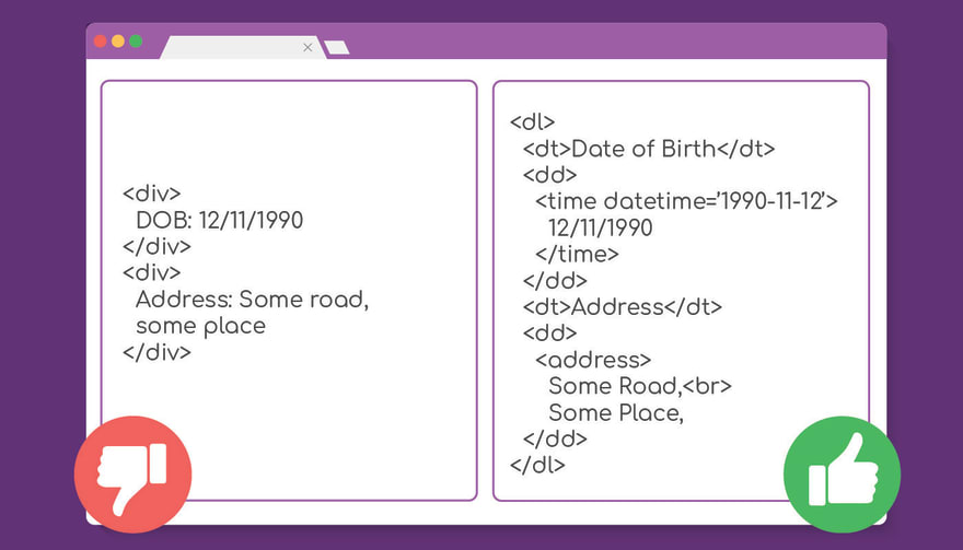Accessible semantic markup vs markup without any semantic information, including time element, data list element and address element