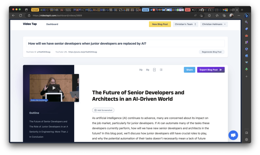 The generated article from my Video in the editing interface