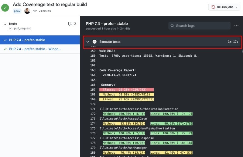 Laravel Framweork PHPUnit tests with Pcov code coverage took only 1 min 17 seconds